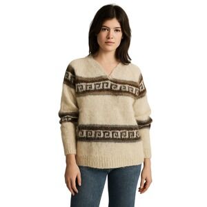 Alpaca Wool Sweater Artisan Hand Made in Bolivia Aztec Women's Size Medium VNeck